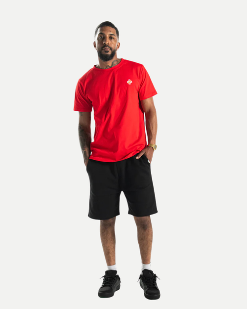 PSTVNRG T-Shirt in red, full body view
