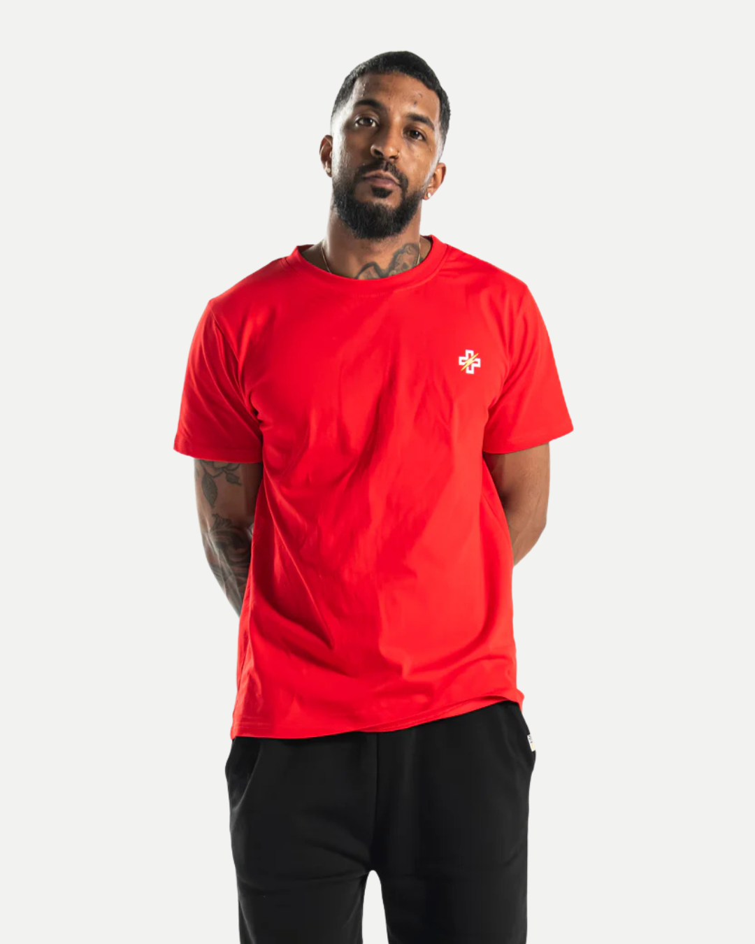 PSTVNRG T-Shirt in red, half body view
