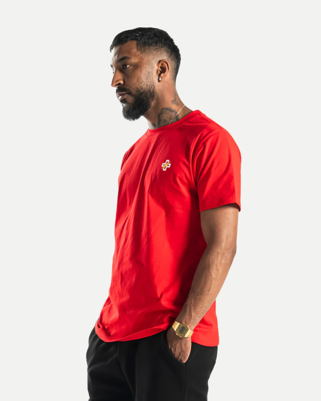 PSTVNRG T-Shirt in red, left side view